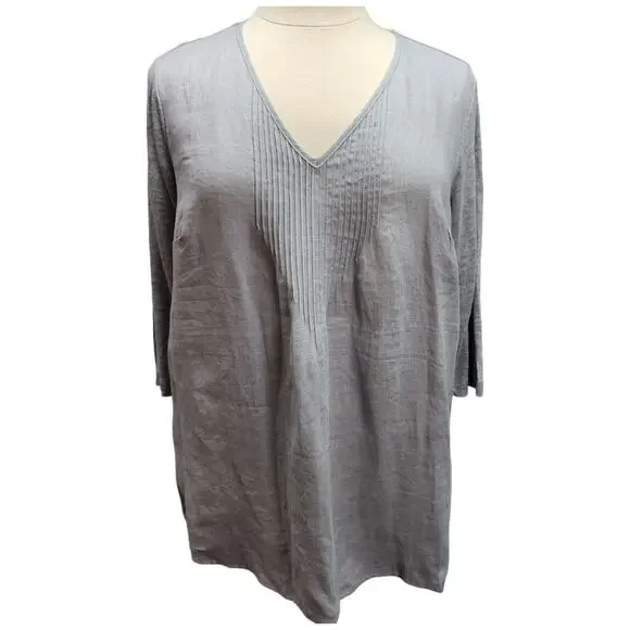 NWT J Jill Love Linen Shirt XL Pintuck Gray Popover Top Lagenlook Cottagecore - Picture 2 of 13
